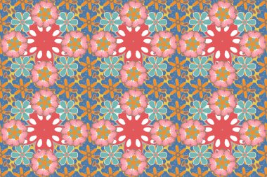 Raster illüstrasyonu. Pembe, mavi ve yeşil renklerde yapraklar ve tropik çiçeklerle kusursuz arkaplan deseni.