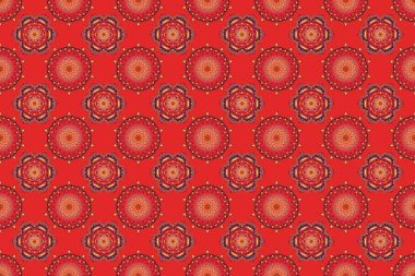 Lüks süs eşyasıyla kusursuz desen. Raster illüstrasyonu. Mor, turuncu ve kırmızı elementli zarif Noel Poster Şablonu.