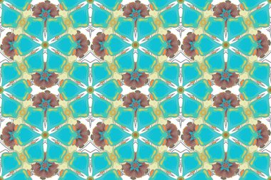 Mavi, sarı ve gri renkli süslemeleri olan pürüzsüz bir desen..