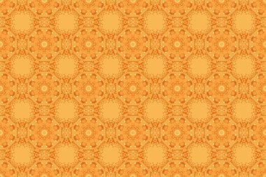 Doğulu, çiçekli bir süs. Halılar, tekstil, duvar kağıtları ve herhangi bir yüzey için şablonlar. Turuncu, siyah ve sarı süslemelerden oluşan pürüzsüz bir desen..