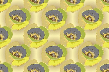 Üzerinde bej, gri ve sarı renkli gelincik çiçekleri olan ipek eşarp. 1950-1960 motifleri. Retro tekstil tasarım koleksiyonu. Sonbahar renkleri. El çizimi çiçek elementleriyle soyut, dikişsiz raster deseni..