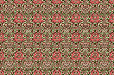 Siyah bir arka planda bej, yeşil ve kahverengi renkli, pürüzsüz desenli bir süs. Halılar, tekstil, duvar kağıtları ve herhangi bir yüzey için şablonlar. Doğulu, çiçekli bir süs.