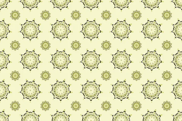 Raster seamless pattern. Vintage design in a green, beige and yellow colors. Damask elegant wallpaper.
