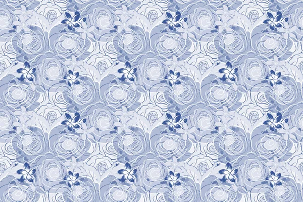 ラスター ローズ アイコン 抽象春の装飾バラ灰色 青のシームレスなパターン — ストック写真