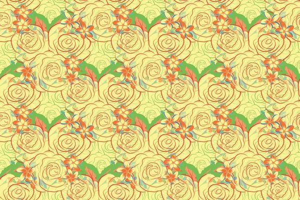 Raster Różany Kwiat Bezszwowy Wzór Kolorze Żółtym Zielonym Pomarańczowym — Zdjęcie stockowe