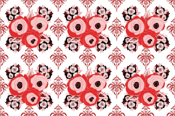 Rose seamless pattern background in red, black and pink colors, retro botanical style. Seamless tropical flower. Stylish flowers print.