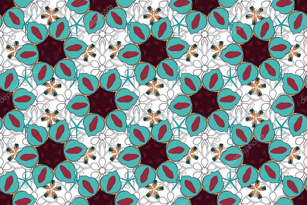 Abstract cute floral print in red, purple and blue colors. Bright beautiful flowers seamless background. Raster illustration.