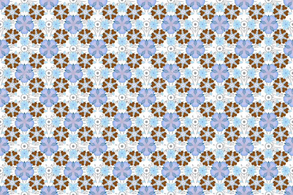 Seamless pattern with bstract geometric modern elements. Shiny gray, blue and orange backdrop. Polka dots, confetti. Raster illustration. Art deco style.