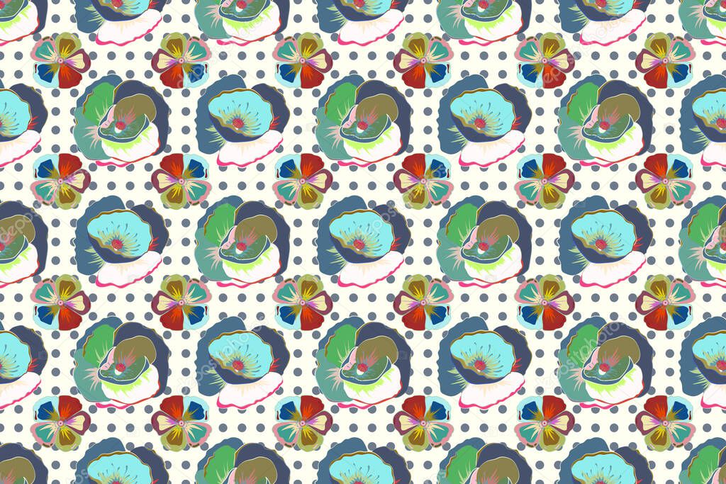 Beautiful raster texture. Spring vintage floral background. Seamless pattern with cute poppy flowers on a neutral background.