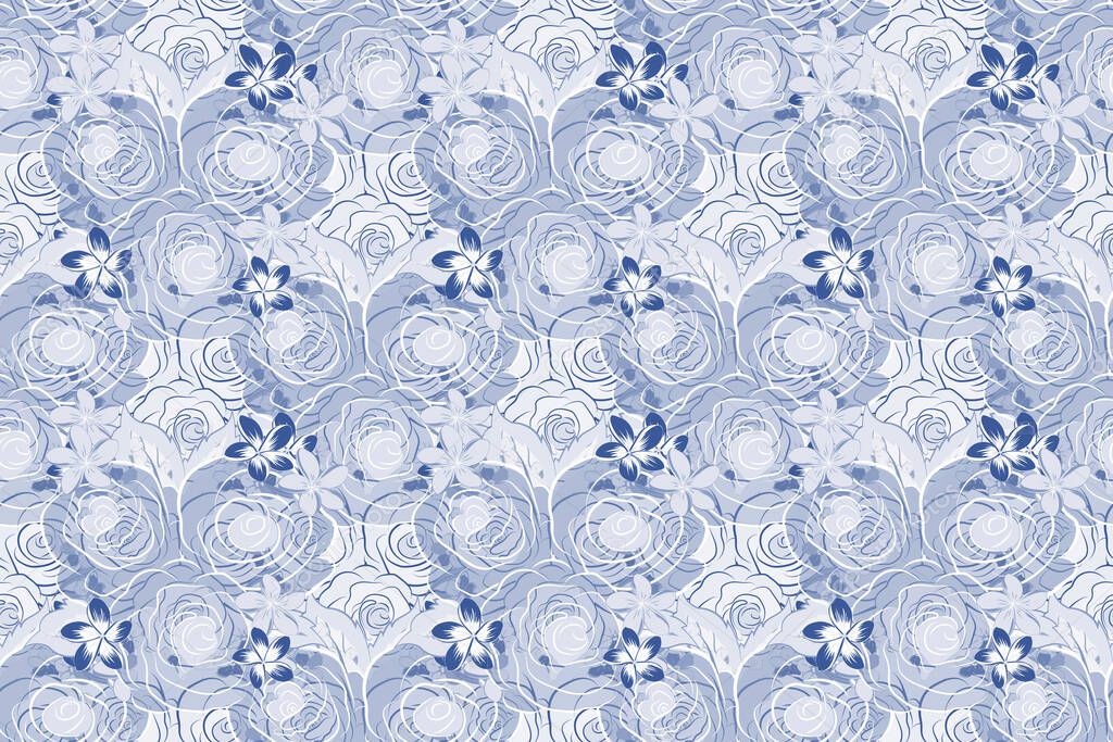 Raster rose icon. Abstract spring decorative roses seamless pattern in gray, white and blue colors.
