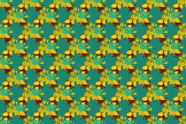 Soyut İngiliz gülleri, botanik doğal sarı, mavi ve yeşil dikişsiz gül desenli suluboya çiçek desenli düğün davetiyesi..