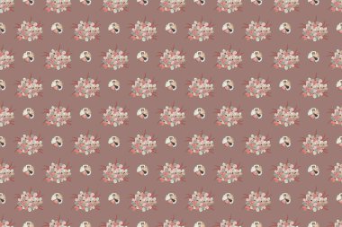 Primula çiçekleri ve pembe, mor ve bej renkli yaprakları olan dikişsiz bir çiçek deseni..