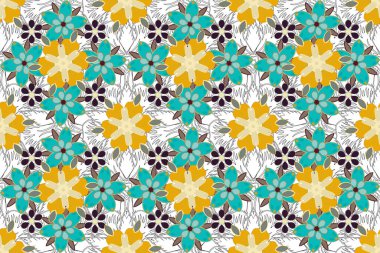 Tasarım için süslemeli mavi, sarı ve kahverengi desenli. Lüks renkli duvar kâğıdı. Doğu tarzında pürüzsüz bir kumaş. Davetiyeler için süs, doğum günü, tebrik kartları, web sayfaları.