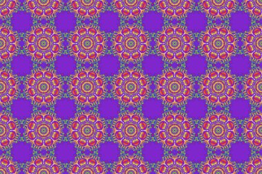 Dekoratif simetri arabesk. Raster illüstrasyonu. Sarı, mor ve mor pürüzsüz desenler doğum günü kartı, davetiye ya da afiş için uygun. Ortaçağ çiçek desenleri.