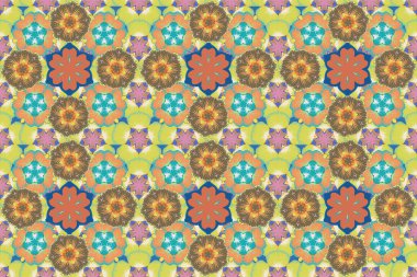 Raster illüstrasyonu. Geçmişi, tekstili, ambalaj kağıtları, tebrik kartları için. Romantik, pürüzsüz desenli, soyut çiçekli, turuncu, kahverengi ve sarı renkli..