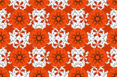 Kırmızı, gri ve turuncu renkli Raster çiçekleri. Çizgili arkaplanda suluboya desensiz.