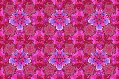 Soyut süslemeler, barok tarzında kusursuz desenler. Raster illüstrasyonu. Geleneksel klasik desen mor, pembe ve mor renklerde.