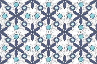 Yatak çarşafları, ceket, paket tasarımı, baskı, kumaş veya moda kavramları için doğu tekstil baskısı. Soyut elementlere sahip mavi ızgara dikişsiz desen.