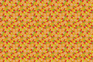 Raster amber çiçekleri ve tomurcukları bej, yeşil ve sarı renklerde retro pürüzsüz desenler çizer..