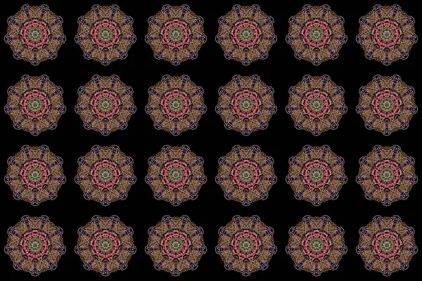 Oriental style. Design for fabric, wallpaper, background, wrapping and book covers. Damask Mandala in violet, orange and pink colors. Hand drawn illustration. Raster vintage ornament.
