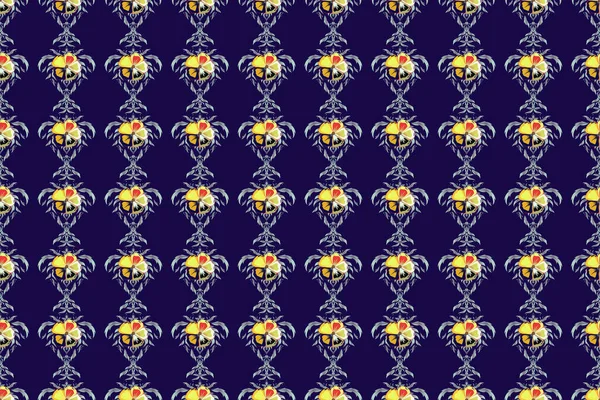 Floral print. Modern motley floral seamless pattern in yellow, blue and gray colors. Repeating raster cosmos flowers pattern.