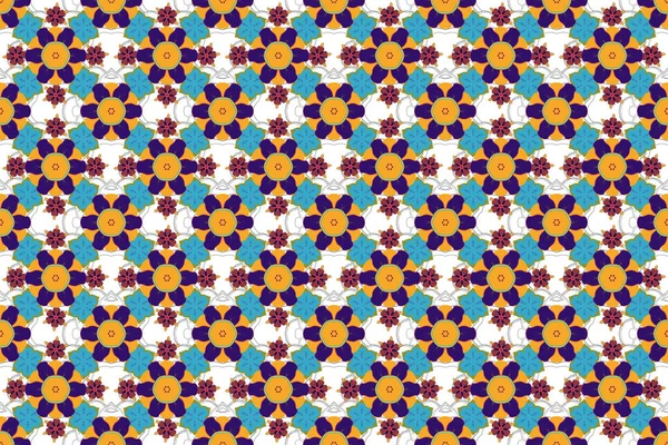 Vintage seamless pattern with blue, violet and yellow repeating elements. Oriental abstract raster classic pattern.