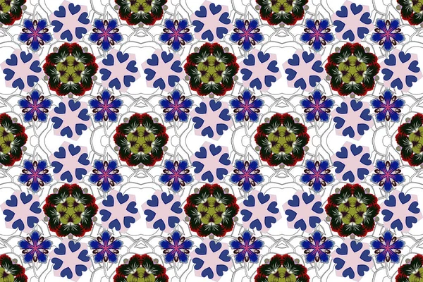 Seamless pattern with cute damask ornament. Pattern for wallpapers, backgrounds, flyers or wrapping paper. Seamless raster blue, gray and violet ornament in arabian style.