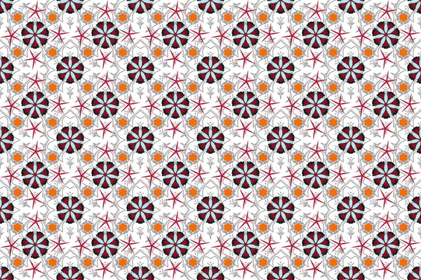 Raster motley star pattern, star decorations, gray, red and blue grid. Luxury motley seamless pattern with stars.