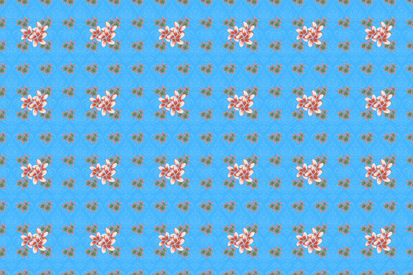 Raster illustration. Seamless pattern with cute flowers in pink, blue and orange colors.