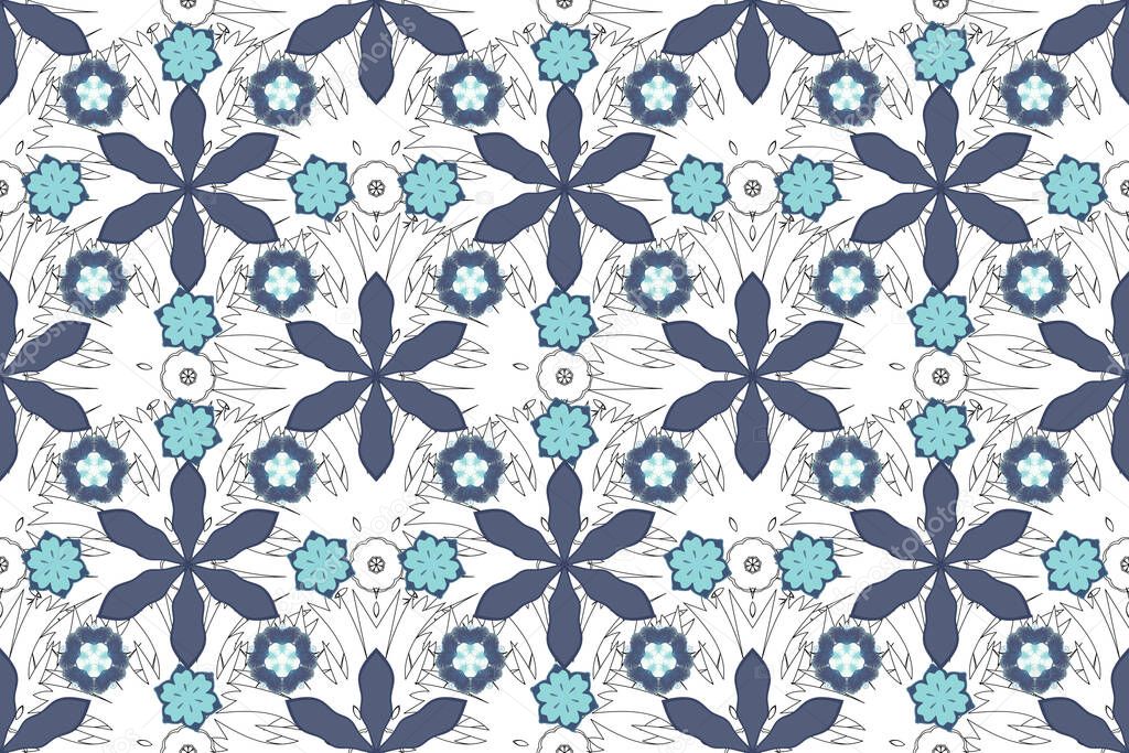 Orient textile print for bed linen, jacket, package design, printing, fabric or fashion concepts. Raster blue grid seamless pattern with abstract elements.