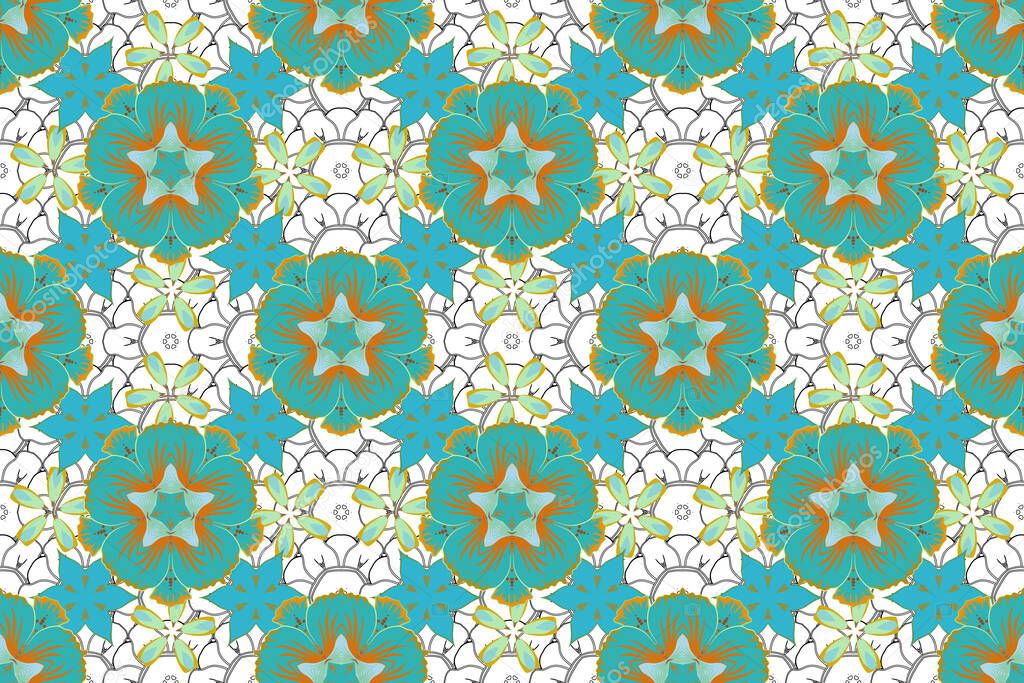Seamless pattern with Decorative summer flowers in blue, green and yellow colors, watercolor raster illustration.