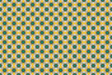 Stilize süs. Raster sim desenli, sarı, yeşil ve gri elementli kusursuz desen. Tatil için mükemmel..