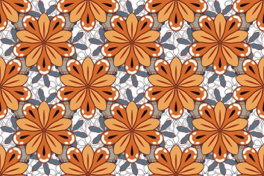 Çizgili geometrik modern elementlerle kusursuz desen. Art deco tarzı. Parlak turuncu, kahverengi ve gri arkaplan. Raster illüstrasyonu. Polka noktaları, konfeti..