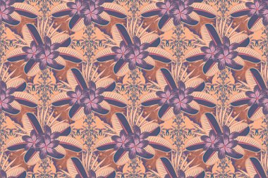 Mavi, gri ve bej renklerde kusursuz el yapımı raster plumeria deseni..