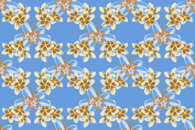 Raster illüstrasyonu. Bej, turuncu ve mavi renklerde biçimlendirilmiş plumeria çiçekleriyle kusursuz çiçek deseni..