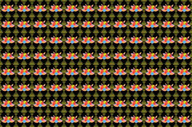 Menekşe rengi raster amber çiçeği, siyah arka planda yeşil ve sarı renkli. Suluboya tarzında tropikal çiçeklerle kusursuz desen.