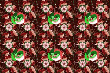 Pembe, kırmızı ve yeşil renklerde sevimli gelincik çiçekleriyle kusursuz desen. Bahar mahsulü çiçekli arka plan. Güzel raster dokusu.