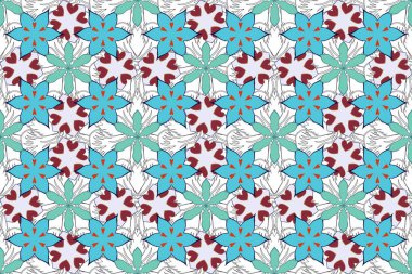 Mavi, kırmızı ve gri renklerde çiçek motifleri olan soyut zerafet deseni. Raster illüstrasyonu.