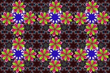 Tasarım şablonu için klasik dikişsiz ızgara. Yeşil, kahverengi ve morumsu elementlerle doğu tarzında kusursuz bir desen. Kartlar için Raster eskizi, teşekkür mesajı, yazdırma.