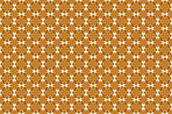 Brown, orange and yellow shiny ornament, damask seamless pattern, abstract shapes. Raster illustration.