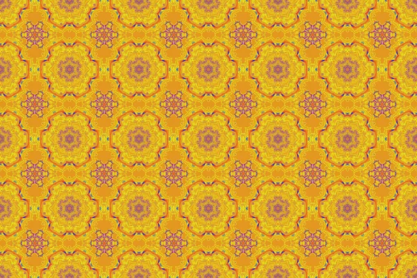 Damask Bezešvé Květinové Pozadí Vzor Žluté Fialové Béžové Barvy Rastrová — Stock fotografie