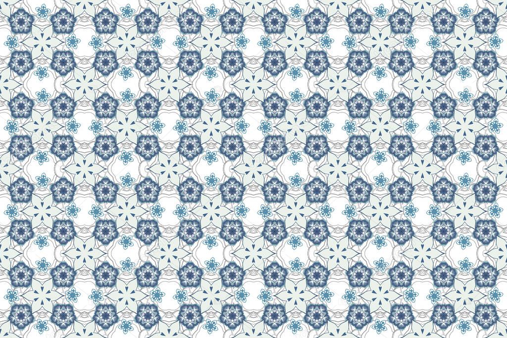 Raster illustration. Seamless floral pattern in gray and blue colors with motley flowers.