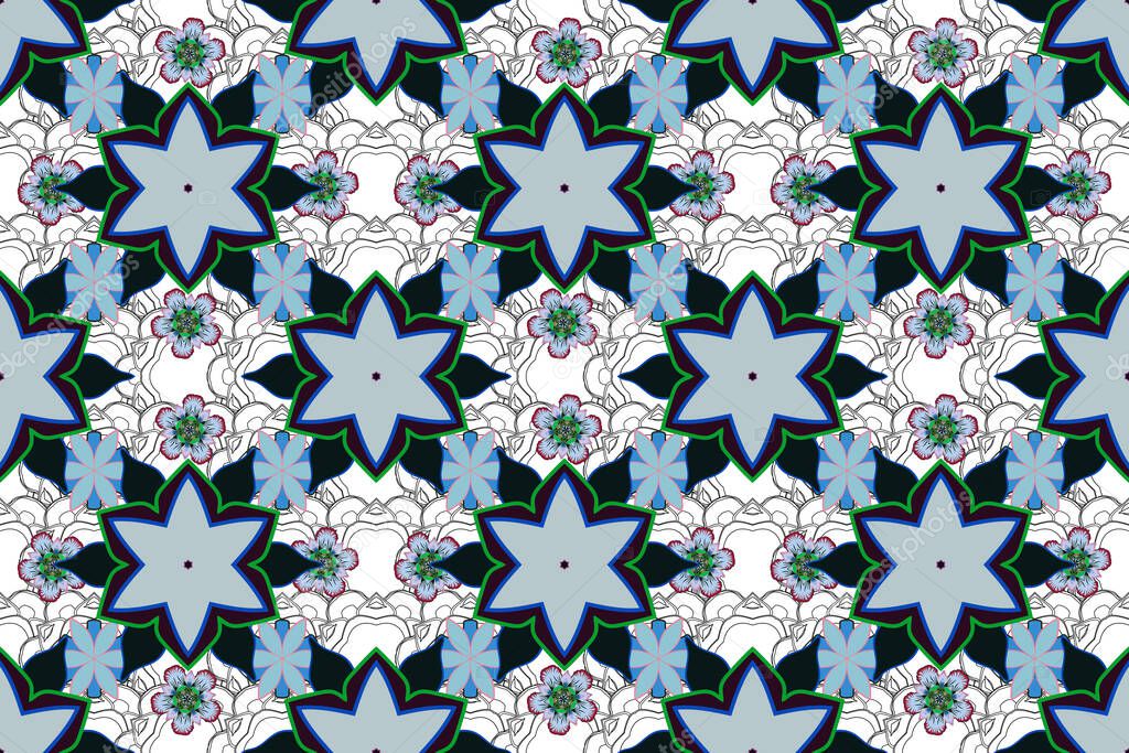Abstract classic seamless pattern with black, gray and blue elements. Vintage raster ornament.