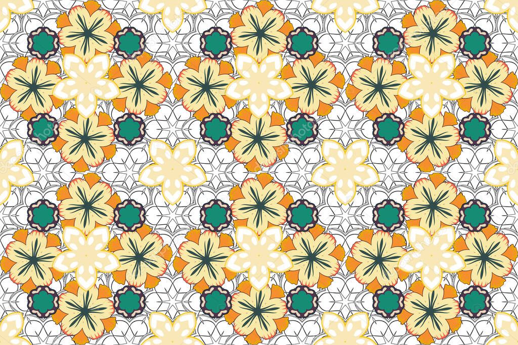 Elegant Christmas seamless pattern with Shining gray, yellow and green Elements. Raster illustration.