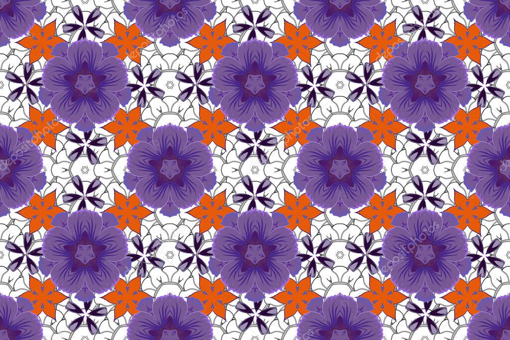 Beautiful watercolor flowers in violet, orange and purple colors, bright painting inspired flower print. Raster seamless background.