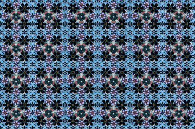 Çizgili arka planda dikişsiz suluboya desen. Raster çiçekleri gri, mavi ve siyah renklerde..