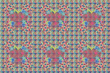 Pembe, mavi ve bej güllü, suluboya efektli, pürüzsüz çiçek deseni..