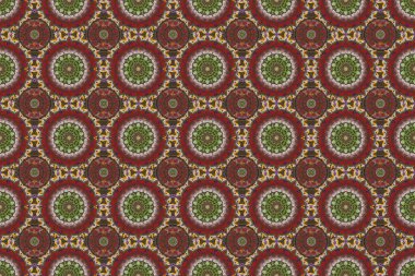 Damask, yeşil, kahverengi ve kırmızı renklerde, kusursuz çiçek deseni. Raster illüstrasyonu.