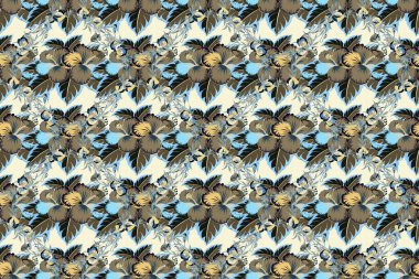 El çizimi çiçek deseni, bej ve mavi dekoratif çiçekler. Raster renksiz çiçek desenli. Raster illüstrasyonu.