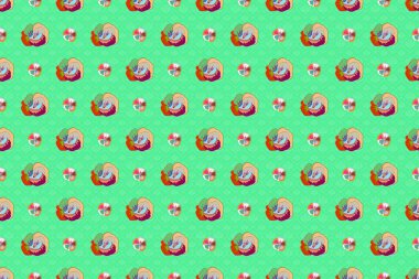 Raster illüstrasyonu. Yeşil ve turuncu renkli, soyut sevimli çiçeklerin olduğu bahar kağıdı. Çiçeksiz desen.